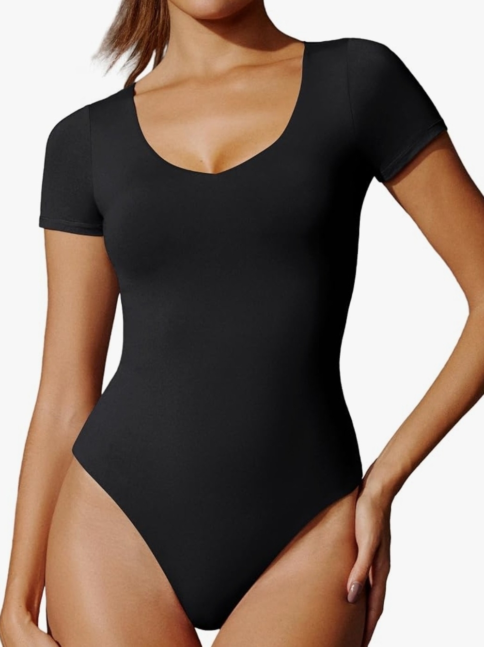 Black Scoop Neck Short Sleeve Bodysuit